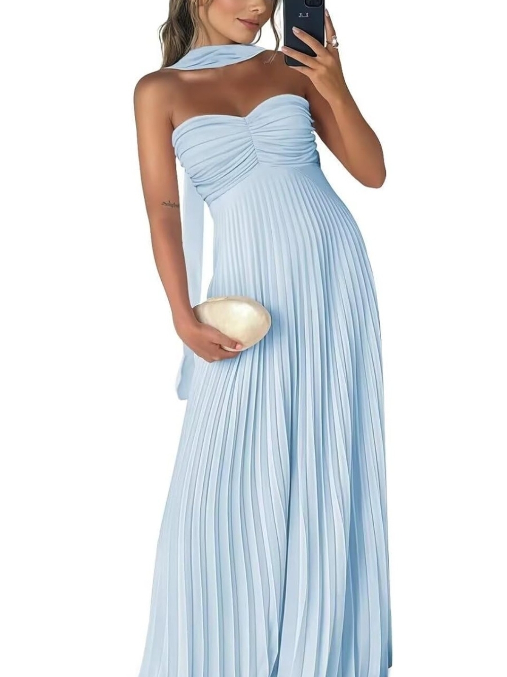 Strapless Pleated Maxi Dress in Light Blue